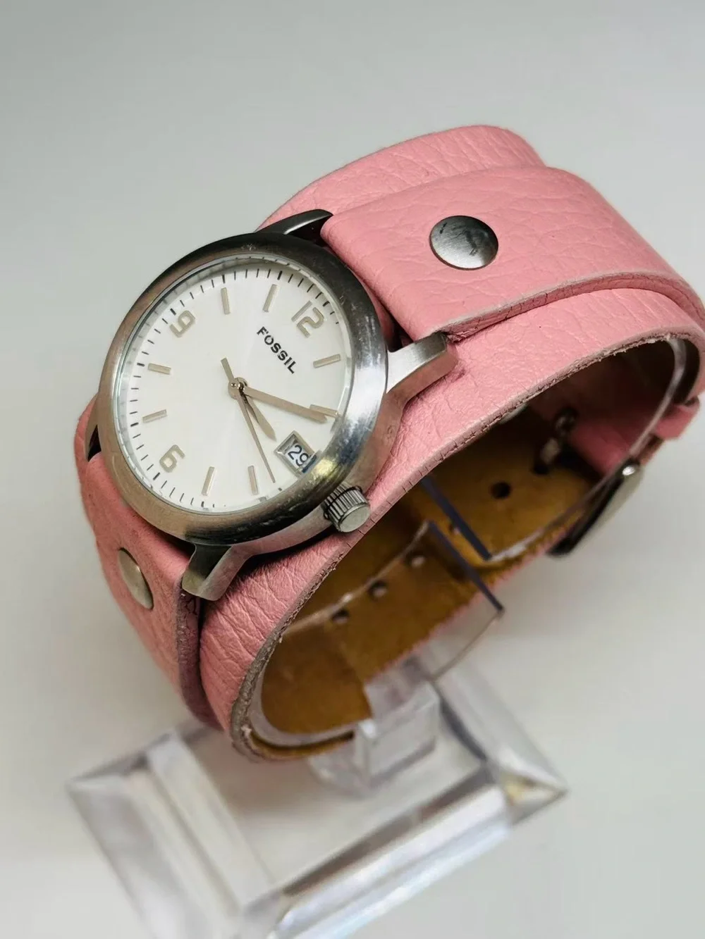 Fossil Women’s Watch Quartz Date Pink Leather Strap 31mm New Battery Runs